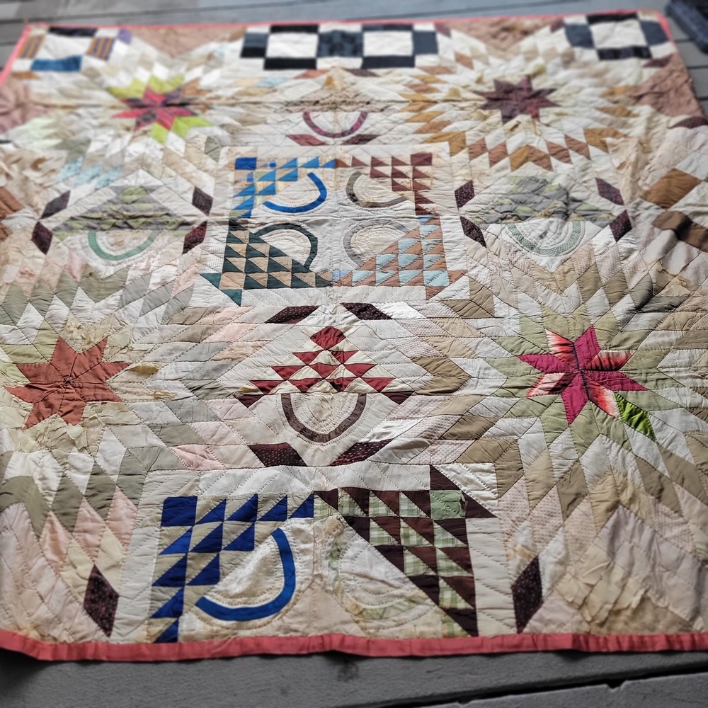 Antique Neutral Block Pattern Eight Point Star End Quilt 70x70 inch